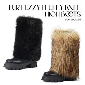 Womens Knee High Boots Fold Over Platform Chunky Heels Round Toe Fur Fuzzy Fluffy Snow Boot Comfy Working Outing Concert Party Festival Winter Shoes