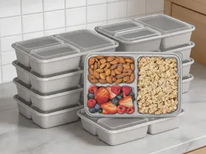 20-piece 3-compartment reusable meal prep container set with sealed lids. Made of PFAS-free and BPA-free premium material, sturdy and durable. Microwave, freezer and dishwasher safe, convenient for daily food portion storage and takeaway use.