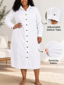 Plus Size White Collared Long Sleeve Button Bodycon Shirt Dress – Summer Basic Casual Womenswear, Comfortable and Slim Fit, Essential for Everyday Wear