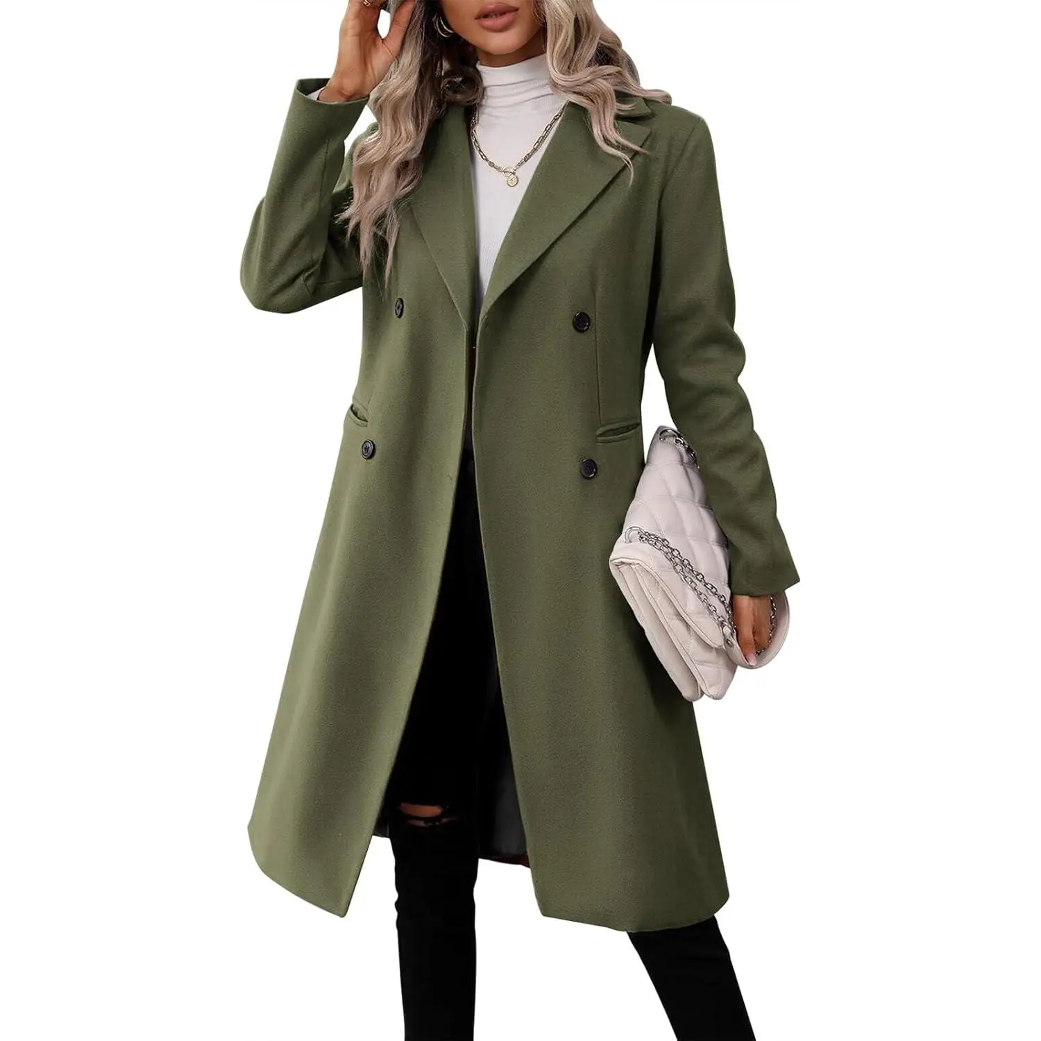 Women's Long-Sleeve Double-Breasted Lapel Collar Pea Coat - Winter Slim-Fitted Fashion Jackets, Casual Style Outerwear for Layering Outfits, Lady, Fits Most Women, Holiday, Chic, Button-Up, Elegant, No, Wool-Blend