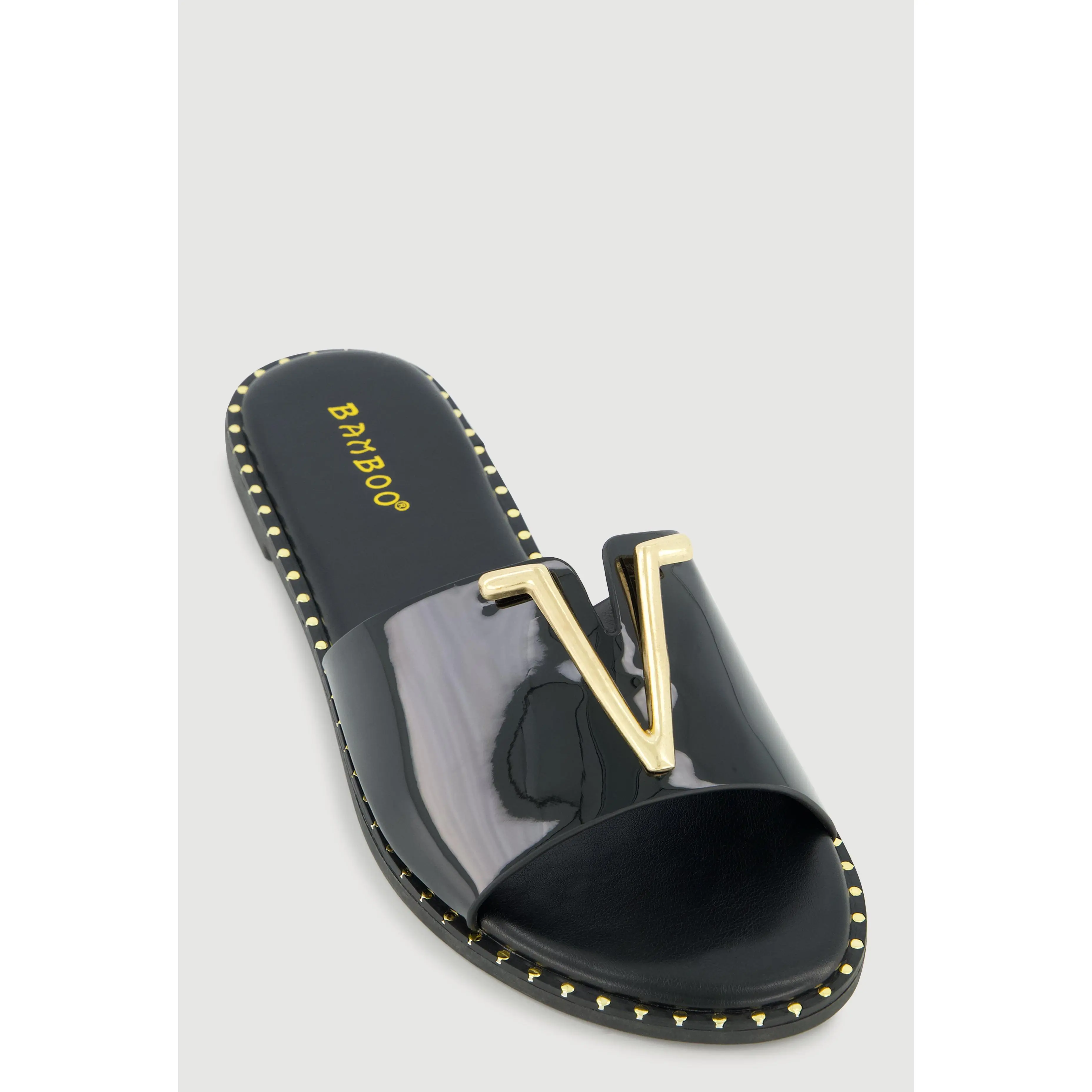 Metallic V Pendant Notched Band Slide Sandals
