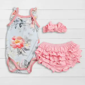 Bestaroo Blossom Snooze Ruffle Bloomer Set – Baby Girls Summer Outfit, Onesie + Ruffle Bloomer + Headband, Soft Bamboo, Stretchy, Newborn-24M