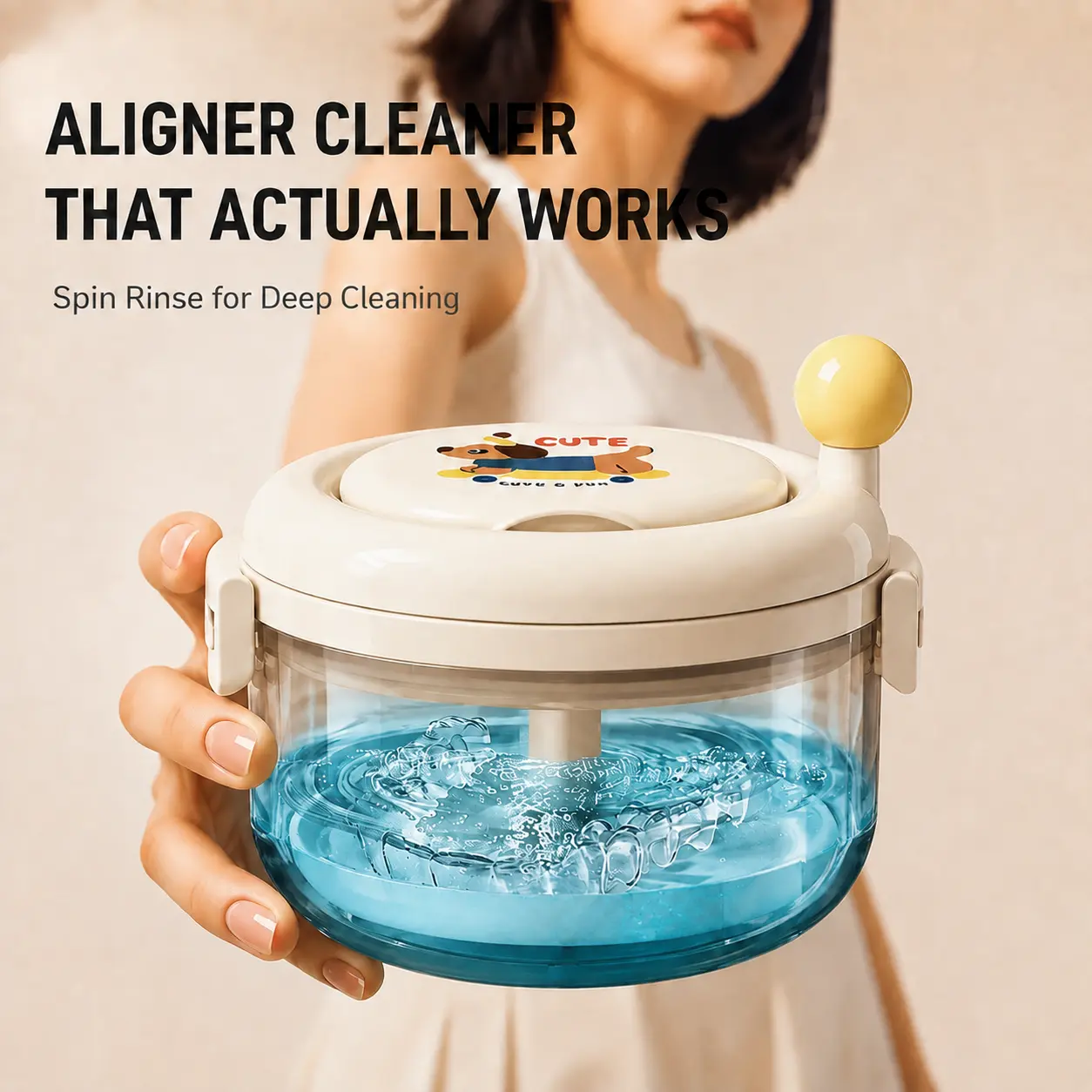 360° Manual Vortex Orthodontic Retainer Cleaner Case | Cute Cartoon Aligner Storage Box with Built-in Mirror