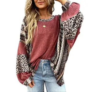 Women's Retro Leopard Printed Balloon Long Sleeve Pleated Oversized Contrast Patchwork Blouse - Soft, Cute, Comfortable, Breathable Women's Clothes for Casual Elegant Style