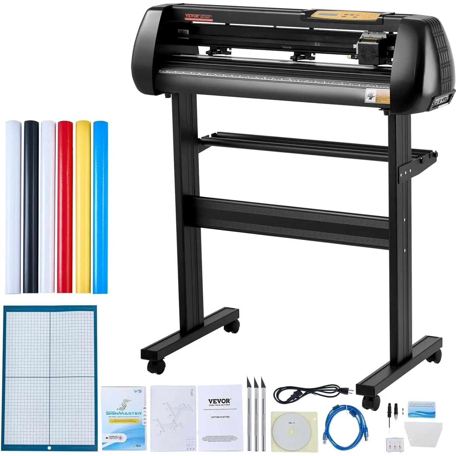 VEVOR 28-Inch Paper Feed Cutting Plotter Bundle, Aluminum Vinyl Cutter Machine with 5 Extra Rolls, Adjustable Force, 10 - 800 Mm/s Speed, Powerful Stepper Motors, COM/USB Interfaces, Signmaster Compatible for Windows (Ideal for Decoration, Sign Making)