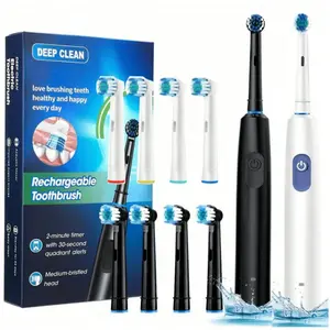 Black/White Electric Toothbrush, Rechargeable Sonic Vibration Micro-Rotation Toothbrush, with 4 Counts Replacement Brush Head, 5 Mode & Time Setting, Intelligent Deep Cleaning Toothbrushes for Adults