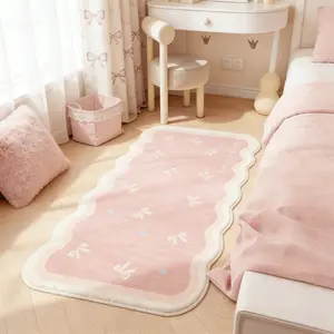 Pink and white bow bedroom bedside, living room sofa area, balcony entrance door, household carpet light pink bow English slogan non-slip water-washable, Decorative area rug, Home Decorative Rugs