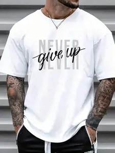 Men's Loose Stretch Letter Print Round Neck Drop Shoulder Tee, Casual Stylish Vibe Short Sleeve Crew Neck T-shirt for Summer, Fashion Men's Top for Daily Wear
