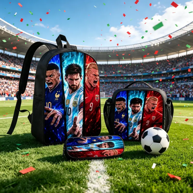 Soccer Backpack for Boys Football School Bag 3 in 1 Set with Insulated Lunch Box Pencil Case Star Player Sports Bookbag Lightweight Waterproof Kids Teen Student Elementary Outdoor Travel Daypack (Blue Red) minimalist