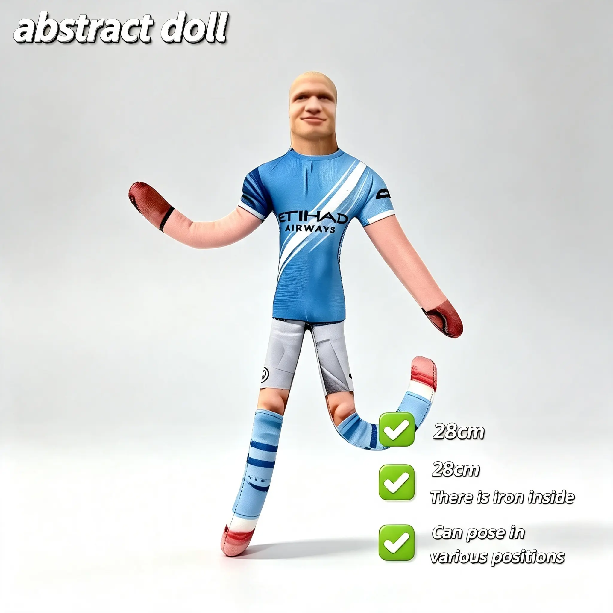 Soccer Player Abstract Bendable Plush Doll, Iron Wire Skeleton Poseable Jointed Figure, Dual-Sided Print Soft Stuffed Toy, Stylish Room Decor & Funny Collectible Gifts for Football Fans