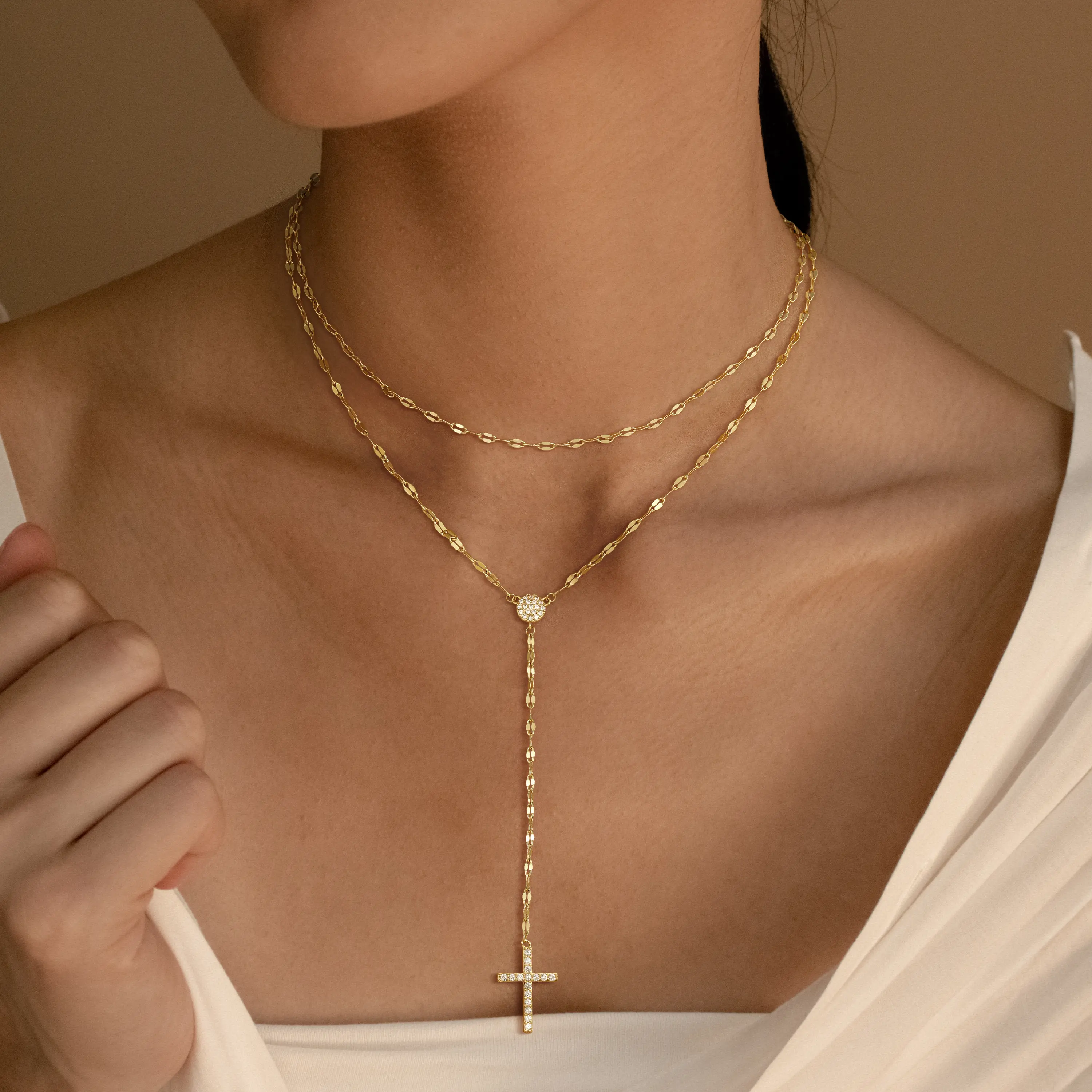 TEWIKY Women's Minimal Dainty Jewelry Set - Gold Cross Earrings, Layered Bar Pendant Lariat Y-Necklace, for Minimalist Outfits, Easter Accessory, Cross Necklace, Layered Gold Chain, Women's Fashion, Plain, Jewelry Stack, Gold Plated
