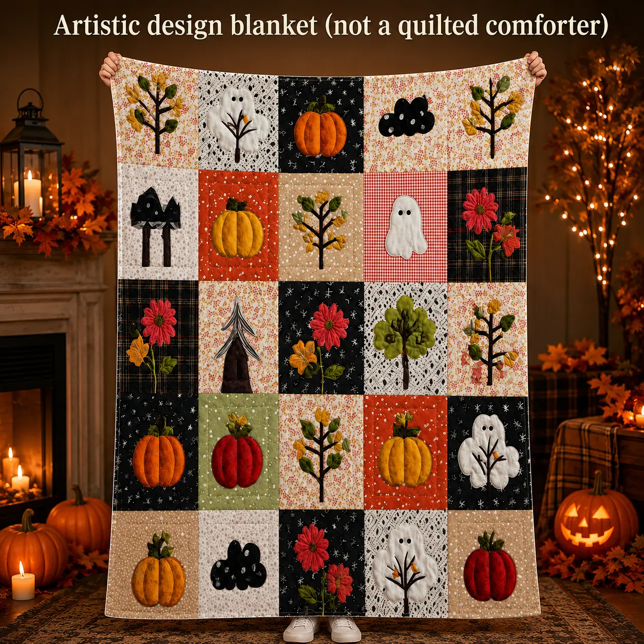 Ghost Pumpkin Floral Tree Throw Blanket, Soft Flannel Fleece One-Piece Printed Grid Design with Cottagecore Autumn Art for Harvest Bedrooms and Halloween Lounges, Cozy Sofa Bed Accent for Couch Naps, Birthday Holiday Gift for Fall Home Decor Fans