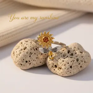 "You Are My Sunshine" Sunflower & Bee Rotating Ring – Adjustable, Stress Relief, Perfect for Gifts & Daily Wear!