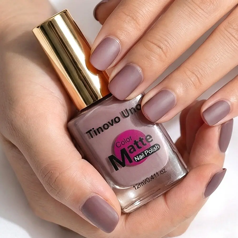 Tinovo Uno 12ml matte purple-gray indie nail polish with a frosted finish—matte yet not dry, flattering to fair skin and exuding elegance. Long-lasting and chip-resistant, perfect for professional women, Manicure Polish