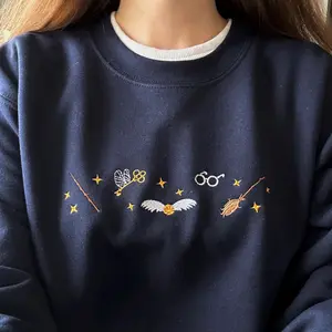 Embroidered Wizard School Sweater, Embroidery Magic Wand Tee Shirt, Embroidered Flying Keys Sweatshirt, Gift For HP Fans