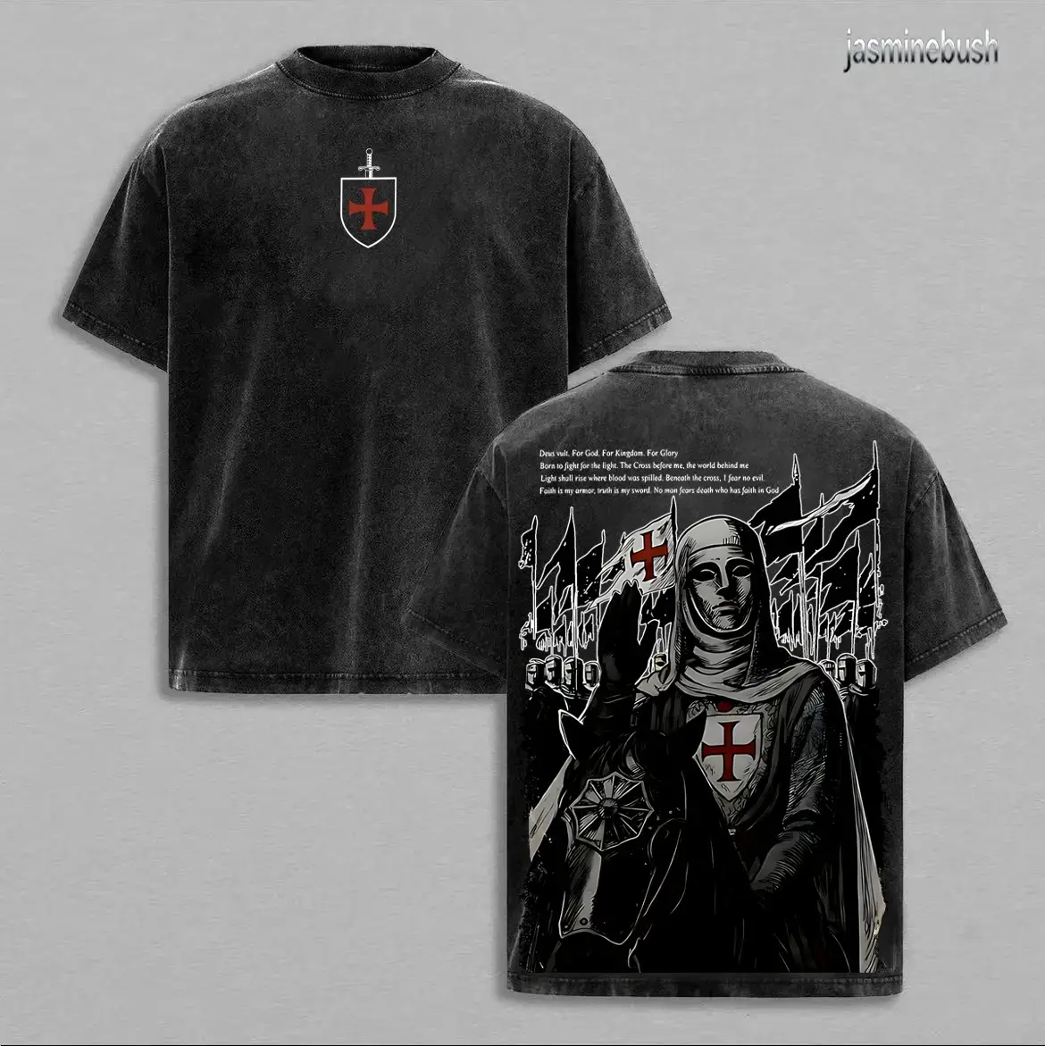 Retro Baldwin IV "The Leper King" The Crusader King and His Holy Army Vintage Washed T-Shirt Hoodie Tank Top Sweatshirt | Jerusalem Cross Medieval Christian Streetwear | Medieval Cross Armor Glory of God Outfit