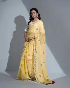 Boishakhi-Summer GoldX Handloom Saree: Lime Yellow with Golden Jari & Hand Embroidery
