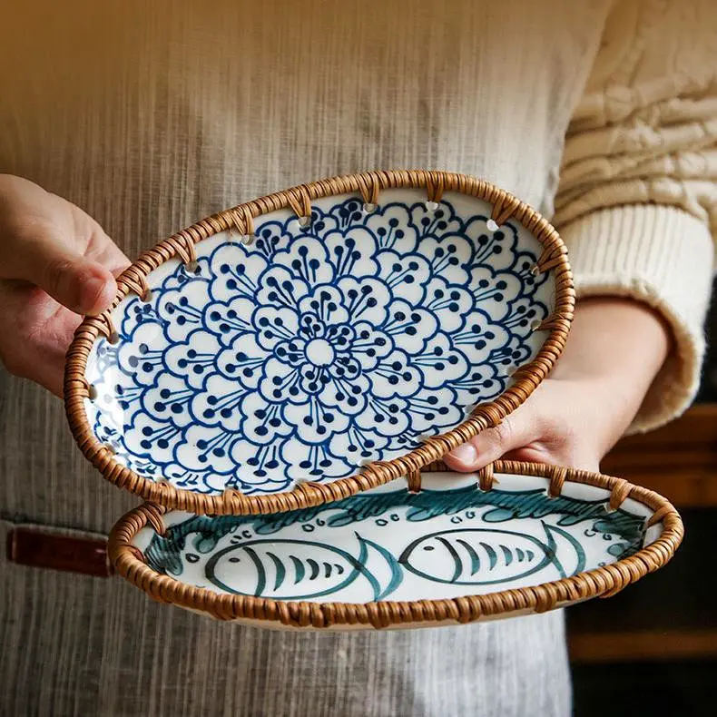 100% handcrafted, hand-painted Japanese Style Rattan Snack Plate serving sushi, finger foods, or other delightful snacks, traditional craft