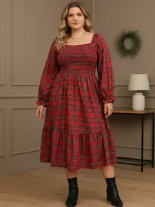 Christmas Plus Size Plaid Long Sleeve Dress for Women, Casual Loose-Fitting A-Line Dress, Fall & Winter Fashion, Comfortable Daily Wear, Casual Boho Chic, Boho Fashion Dress