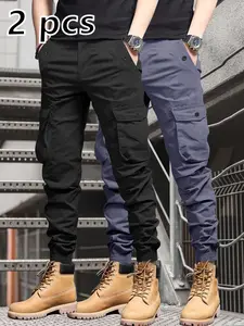 Men's Cargo Pants Long Loose Drawstring Waist Side Button Pockets Comfortable Skin-Friendly Fabric All-Season Casual Wear