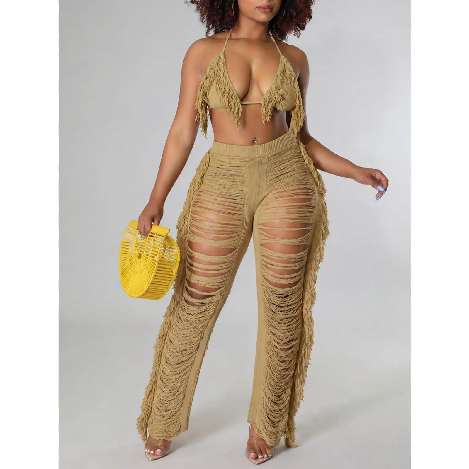 Two Piece Sets for Women Sexy Crochet Cover Up Outfits Halter Top Fringe Pants Beach Vacation Party beach cover up set perfect for poolside and beach styling