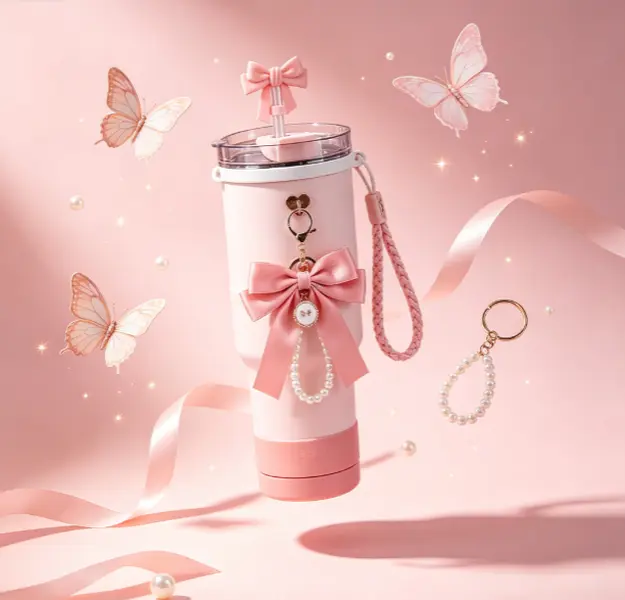 Kawaii Pink Bow 7-Piece Reusable Drinkware Accessories Set for 30oz-40oz Cups - Handle Strap, Silicone Boot, Straw Topper, Pearl Charm, Keychain for Girls, Gym Use