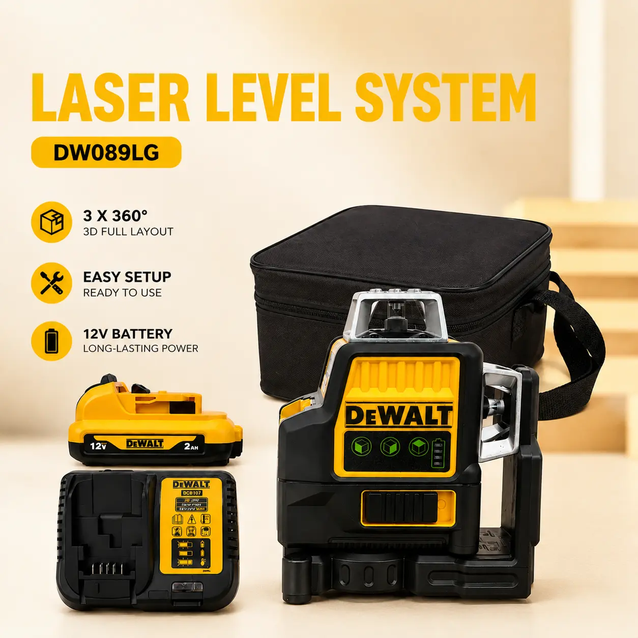 DEWALT DW089LG 12V Cordless Green Laser Level - 12 Lines, 360° Full Coverage, Lithium-Ion Rechargeable Tool for Construction, Outdoor Professional Use