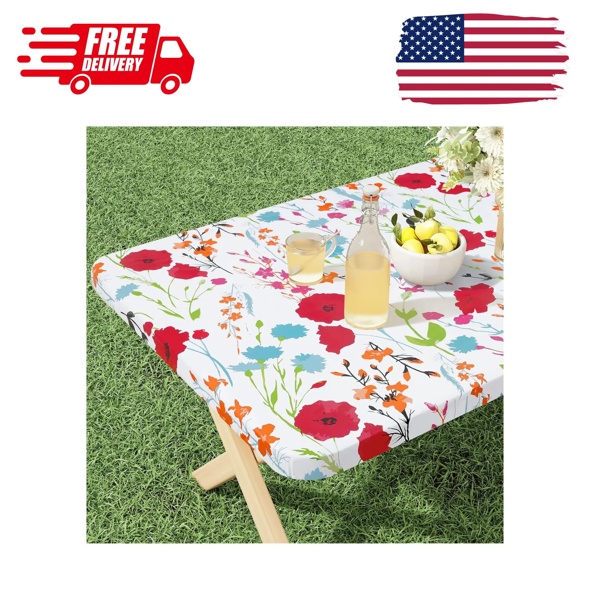 Rectangle Vinyl Tablecloth, Fitted, 100% Waterproof, Elastic Edge (Flowers, 30x72 inch)