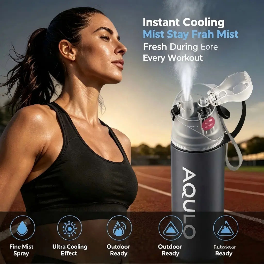 AQULO Mist 'N Sip Misting Water Bottle 2-in-1 Mist And Sip Function With No Leak Pull Top Spout Reusable Sports Water Bottle - 20 oz
