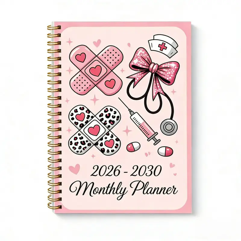 January 2026 - December 2030, 5-year monthly planner, nurse-themed cover design notebook, yearly calendar planning, monthly tabs, 60-month calendar, 5.5 inches x 8.3 inches, 71 sheets/142 pages thickened paper, elastic cover, durable double-wire spiral bi