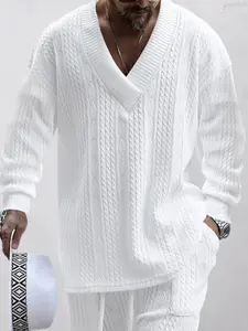 Men's Casual Fashion Set, Style, V-Neck Knitted Sweater Suit, Loose Fit, Simple Design, Perfect for Daily Wear, Fall outfit