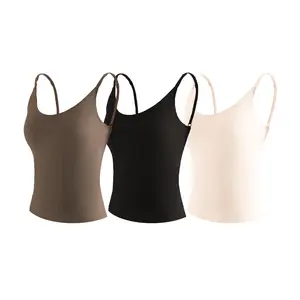 Women's Seamless V-Neck Camisole Tops 3-Pack in Black White & Nude with Built-in Soft Cups for Everyday Wear Minimalist Sleeveless Matching Pieces Smooth Basic Casual Chic Clothes Essential Short Style Light Womenswear perfect gift for Mom