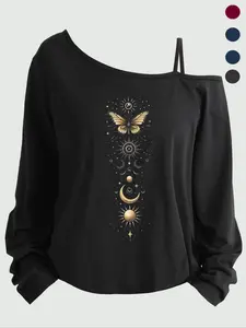 Plus Size Women's Casual Loose-Fit Long Sleeve Top, Asymmetrical Neckline Spaghetti Strap T-Shirt, Cartoon Print, All Seasons Wear