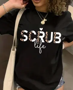 Scrub Life Half Leopard Print Letter Nurse Women's Black Short Sleeve T-Shirt.Nurse Medical Staff Gift T-Shirt, Half Cheetah Print Scrub Life Heart Graphic Oversized Top.