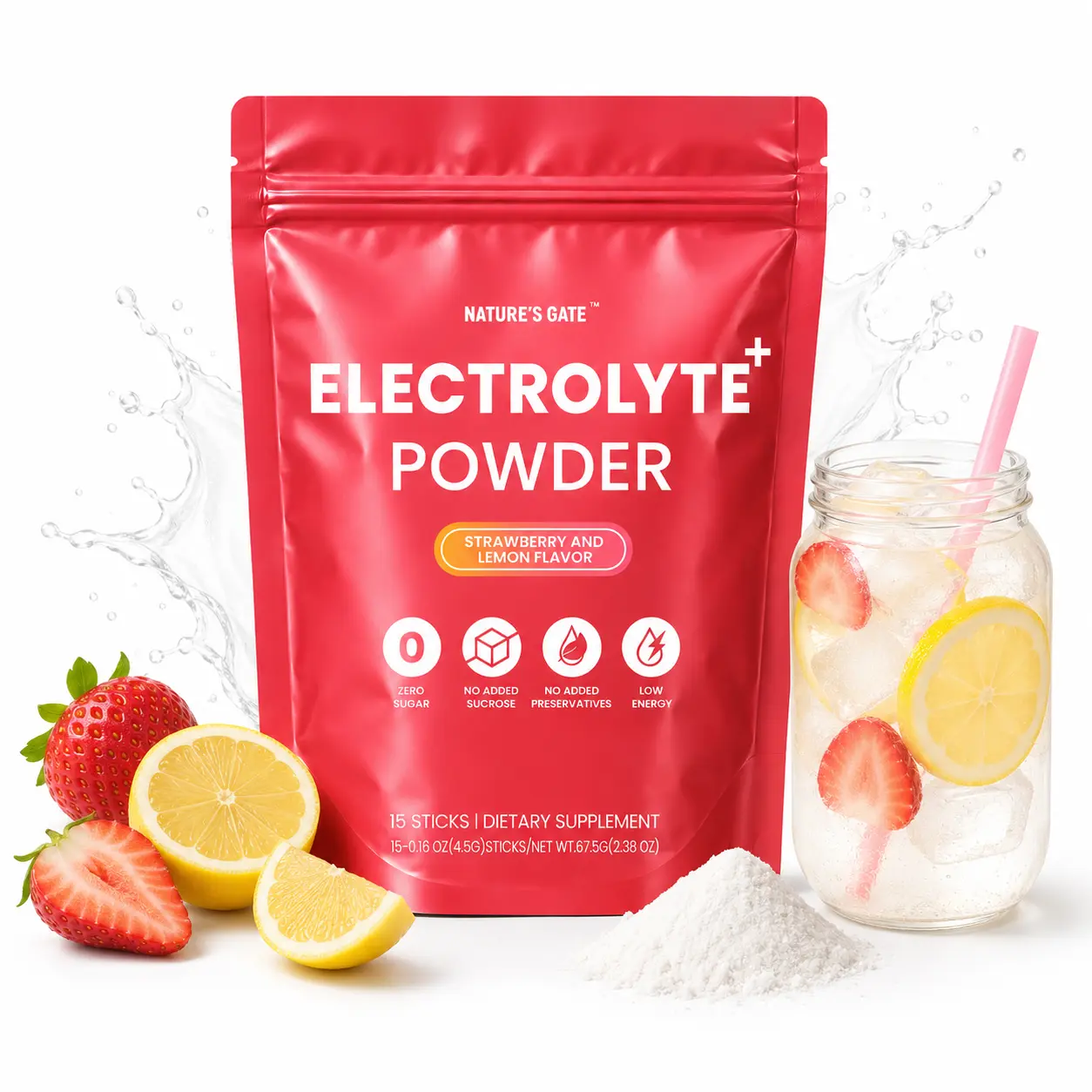 Strawberry Flavor Electrolyte Powder Packets 15 Individual Sticks, Sugar Free Hydration Drink Mix, Easy To Dissolve Hydration Supplement for Sports, Fitness, Hiking and Daily Use