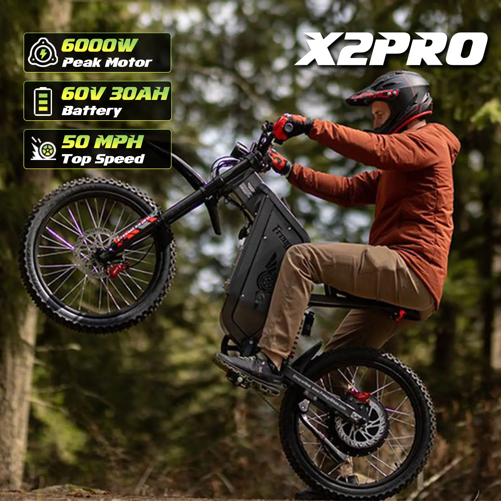 Freego X0/X2/X2PRO/X3PRO/X3 Electric Ebike Peak Power 3600/6000/8000W Full Hydraulic Suspension Top Speed 28-56 MPH Range 20-110 Miles 60V30Ah Li-ion Battery 200N·m Torque Hydraulic Disc Brakes 19Inch Tires High-Strength Steel Frame UL2849 Certified
