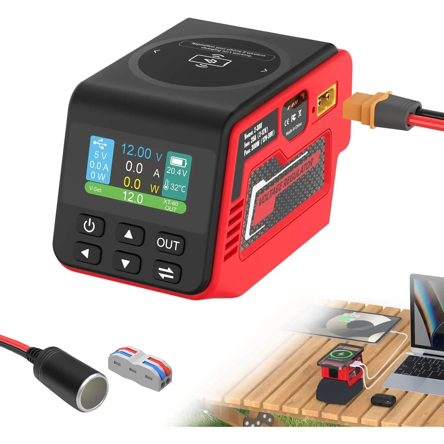 Swiilpo 300W Adjustable DC 2–30V Voltage Regulator Compatible with Milwaukee 18V Battery XT60 Output, 100W Type-C, 18W USB-A, 15W Wireless Charger, LCD Display (Battery Not Included),By Quesear, Led Lights, Diy Projects