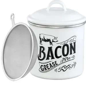 Enamel Bacon Grease Saver with  - Collects Grease Efficiently & Separates for Reuse - Practical Kitchen Accessory Utensils White