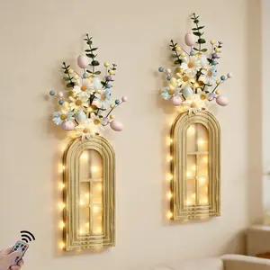 HOMECOR Easter Wall Decor Set of 2 - Boho & Modern Farmhouse Hanging Wooden Vase with Fairy Lights & Artificial Plants, Spring Wall Art for Living Room, Bedroom, Bathroom, Mothers Day Home Decor Gift