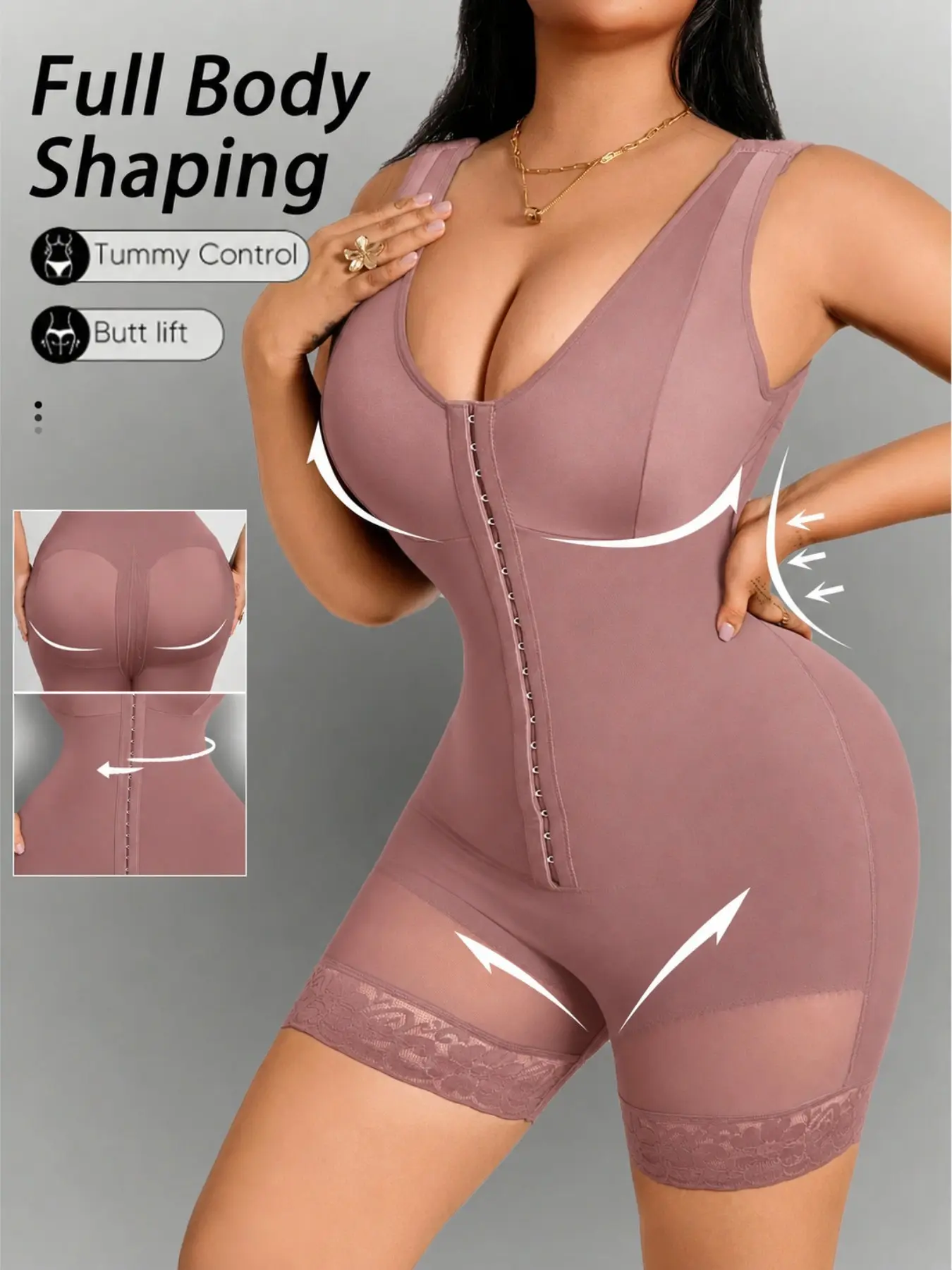 1 Count Women's Firm Breathable Contouring Shaperwear, Colombian Shapewear, Fajas, Three Row Hook Closure Tummy Full Body Shaper, Comfort Smooth Lace Anti Curl Bodysuit with Zipper Crotch, Wide Strap Jumpsuit, Perfect for Daily Wear & Holiday