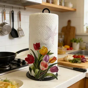10.24 Inch Cast Iron Tulip Paper Towel Holder, No Drilling Required, Surface Mount, Holiday Decoration, Kitchen Bathroom Party Use