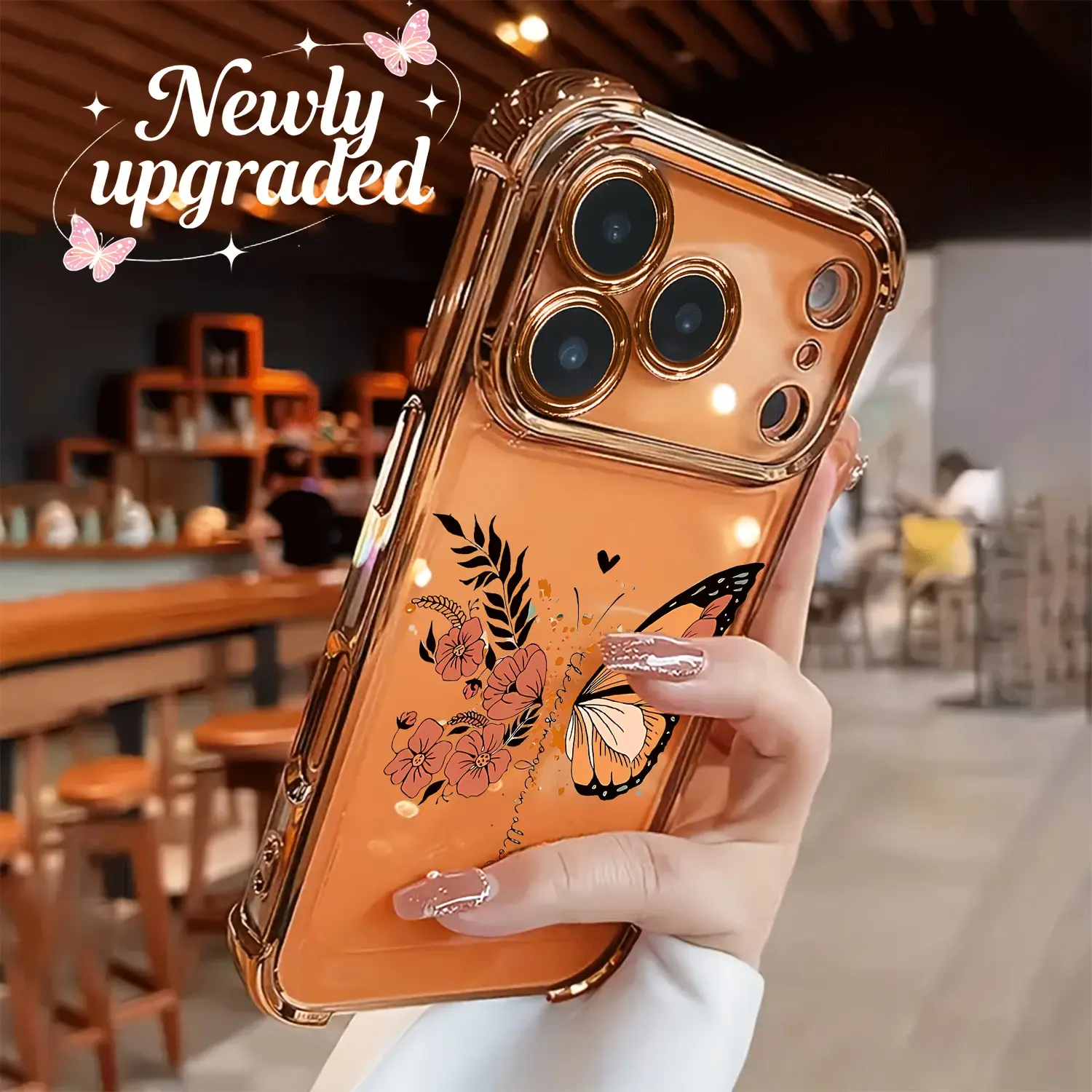 This TPU electroplated phone case features a floral and butterfly pattern, providing four-corner drop protection and anti-slip grip. It fully covers the lens and is compatible with iPhone 17, 16, 15, 14, 13, 12, 11, XS, X series, and other models.
