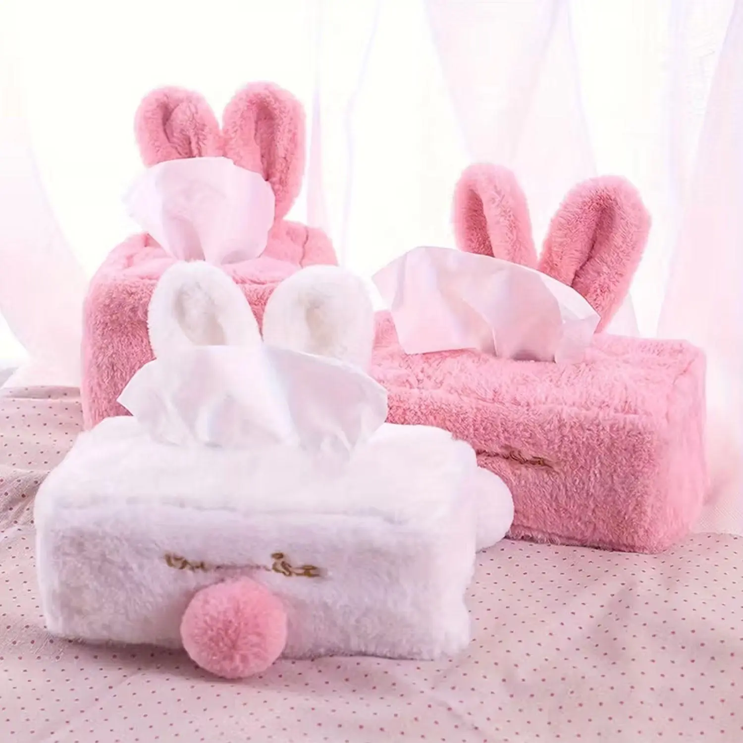 1 piece of plush rabbit tissue box, cartoon tissue case, tissue box, home, car and living room tissue box, cartoon tissue box, pink rabbit tissue box, long-eared pink rabbit cloth case tissue, Bathroom Accessories, Bathroom Decoration Accessories