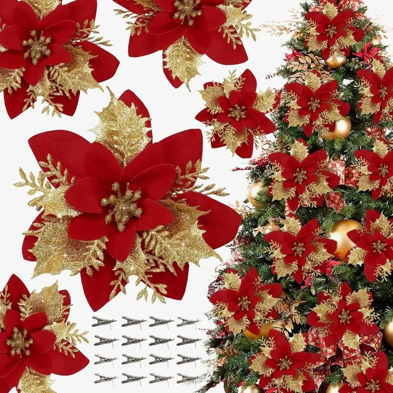 16 PCS Poinsettia Flower Artificial Poinsettia Christmas Decorations Glitter Poinsettias Christmas Ornaments Christmas Tree Flower Decorations with Clips DIY Xmas Wreath Holiday Weed Home Party Decor,back to school,back to school haul