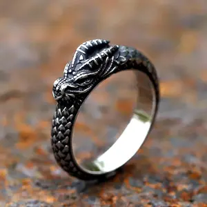NEW 316L Stainless Steel Nordic Mythology Giant Dragon Ring - Pagan Odin Amulet, Alternative Artistic, Death Metal, Statement Decorative, Metal Dragon, Tattoo Style Scandinavian Fashion Jewelry with Free Shipping, Alternative Artistic Rings, Death Metal R