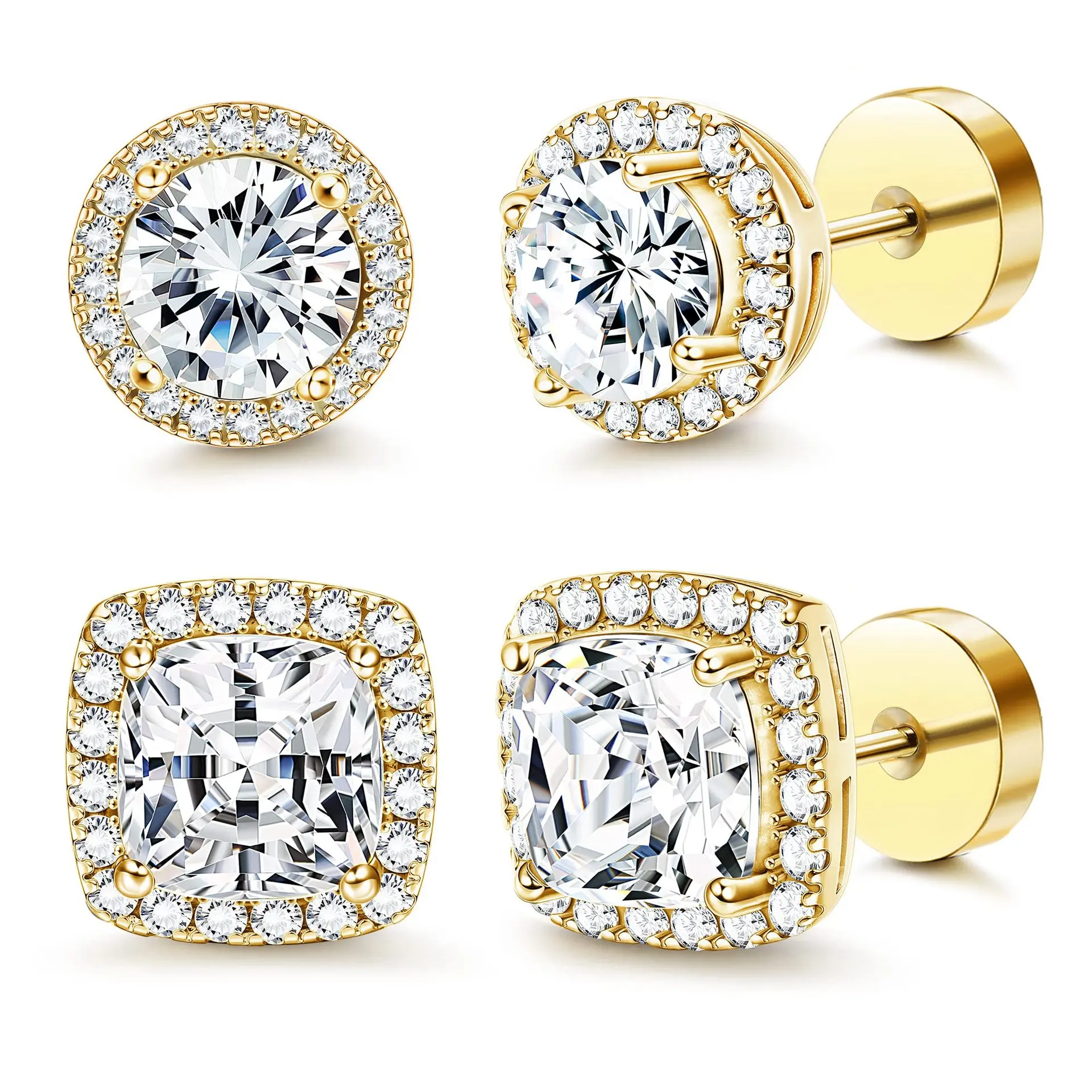 Sicbumi 14K Halo Zircon Stud Earring Set for Women — 4PCS Luxury Stud Earrings in Gold/Silver Two-Tone and Round/Square Styles; Hypoallergenic Material Includes Ear Backs, Stud Earrings for Women