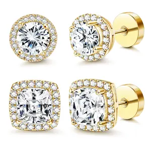 Sicbumi 14K Halo Zircon Stud Earring Set for Women — 4PCS Luxury Stud Earrings in Gold/Silver Two-Tone and Round/Square Styles; Hypoallergenic Material Includes Ear Backs, Stud Earrings for Women