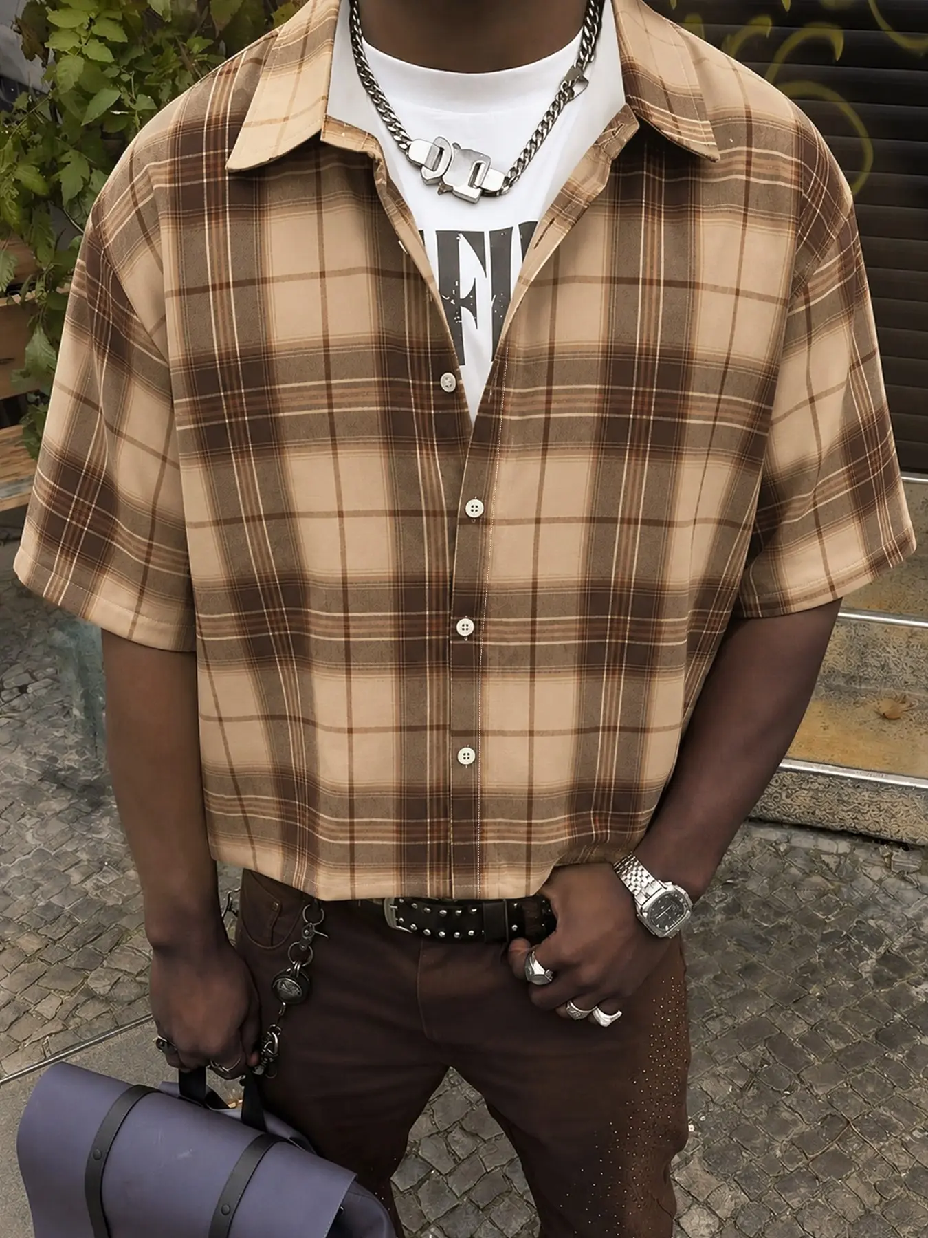 Men's Plaid Blouse, Casual Loose-Fitting Short Sleeve Shirt, Minimalist H-Type Design, Comfortable Outdoor Fashion, Casual Apparel, Casual Clothes