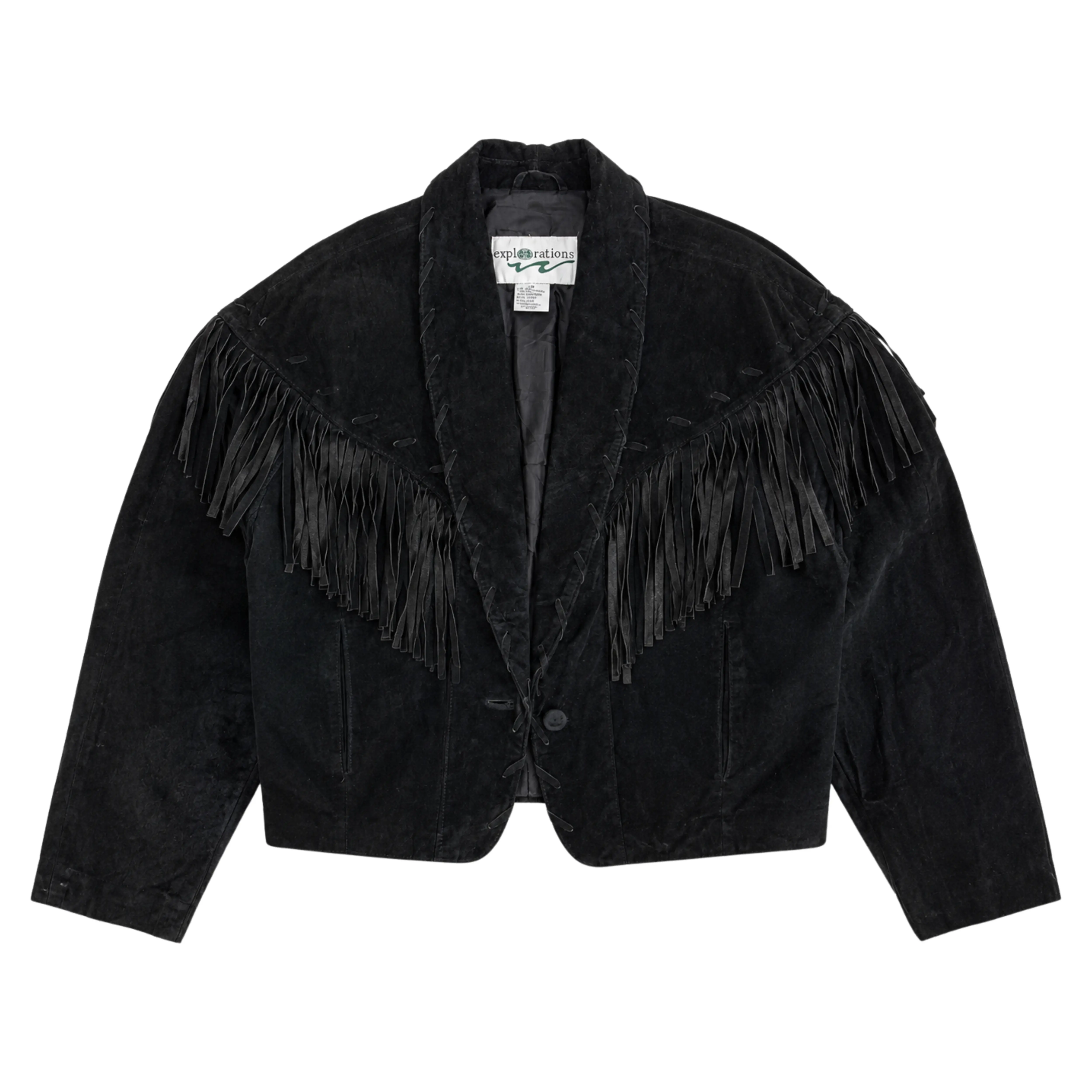 Vintage Explorations Cropped Suede Leather Fringe Jacket