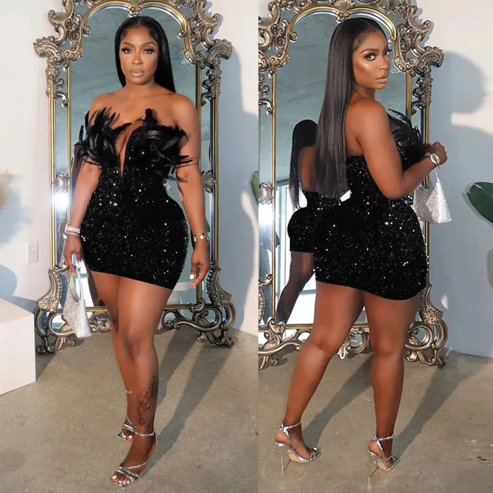 Women’s Sequin Feather Midi Dress Sleeveless Deep V Neck Party Dress